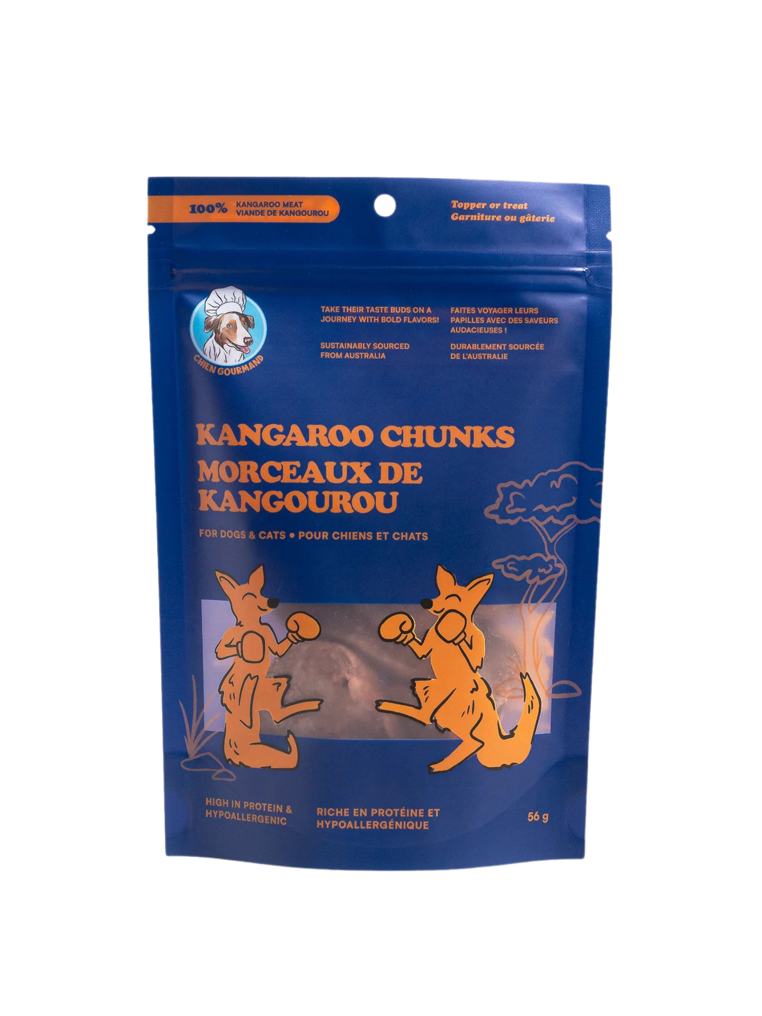Originale, saine et très digeste, cette gâterie est faite à 100 % de viande de kangourou, une protéine maigre et durablement sourcée d’Australie. Riche en fer, vitamine B12 et nutriments essentiels, elle convient parfaitement aux chiens et chats actifs, sensibles ou en entraînement. Grâce à sa texture légère et cassable, elle se glisse facilement dans une poche pour les promenades, les jeux de flair ou les séances de sport canin. Gâterie hypoallergénique à ingrédient unique Viande de kangourou 100 %, maigre