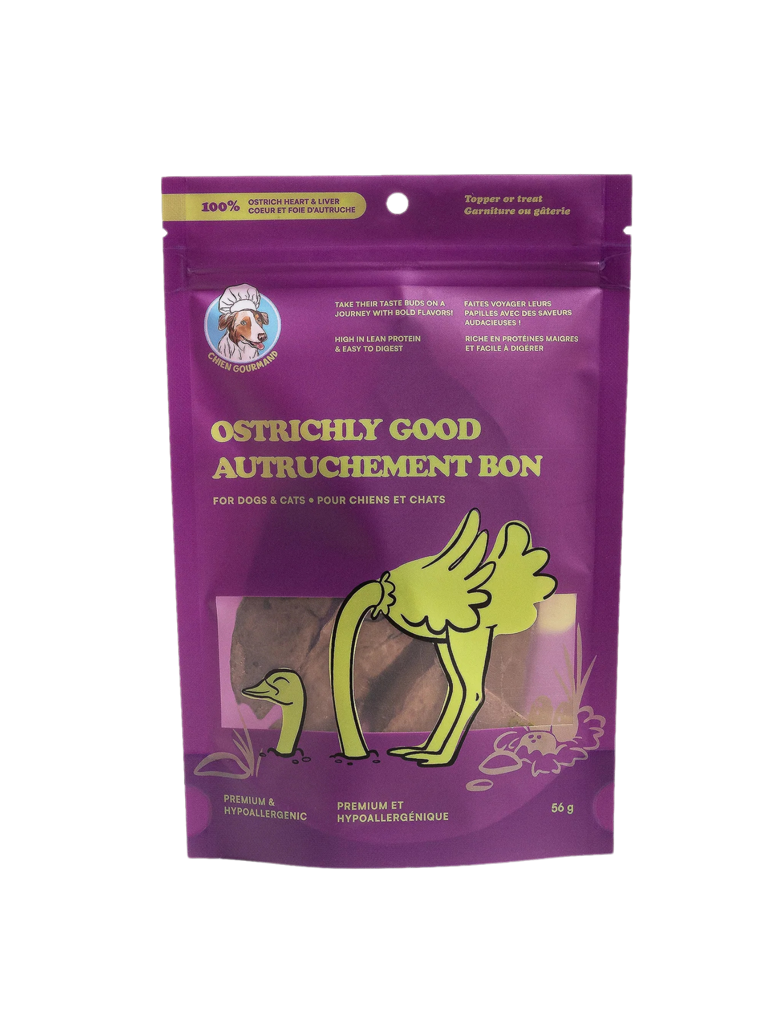 Autruchement Bon! Gâterie hypoallergénique pour chiens et chats Faite de cœur et de foie d’autruche, cette gâterie est une source naturelle de nutriments essentiels comme la taurine, le fer, la vitamine B12 et A. Elle convient parfaitement aux animaux sensibles ou ayant des restrictions alimentaires, grâce à sa teneur élevée en protéines maigres et son faible potentiel allergène. Sa texture et son goût authentique en font une gâterie irrésistible autant pour les chiens que pour les chats. Utilisez-la à l’en