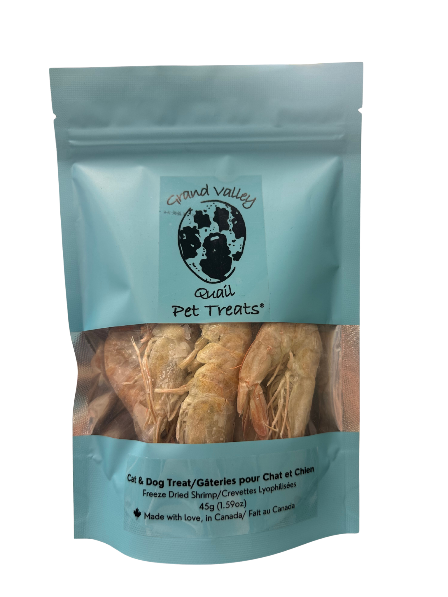 GVQ - Sac de crevette lyophilisée 45g. Bêtes Gourmandes, boutique spécialisée alimentation, éducation et sports pour chiens à Québec.