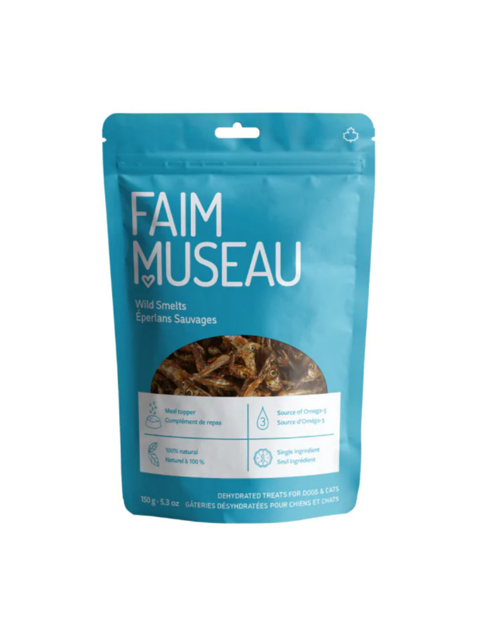 Faim Museau - Éperlans Crus & Déshydratés 150G. Bêtes Gourmandes, spécialiste en nourriture et produits pour chien et chat en ligne et en magasin à Québec.