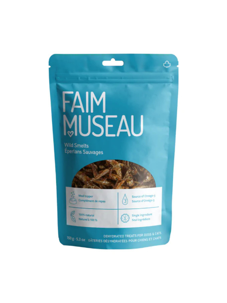 Faim Museau - Éperlans Crus & Déshydratés 150G. Bêtes Gourmandes, spécialiste en nourriture et produits pour chien et chat en ligne et en magasin à Québec.