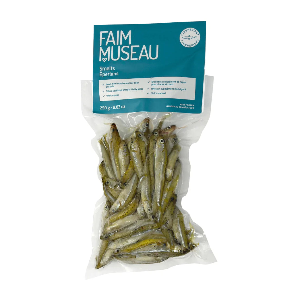 FAIM MUSEAU - Éperlan entier 250g. Bêtes Gourmandes, boutique spécialisée en alimentation, éducation et sports attelés à Québec.