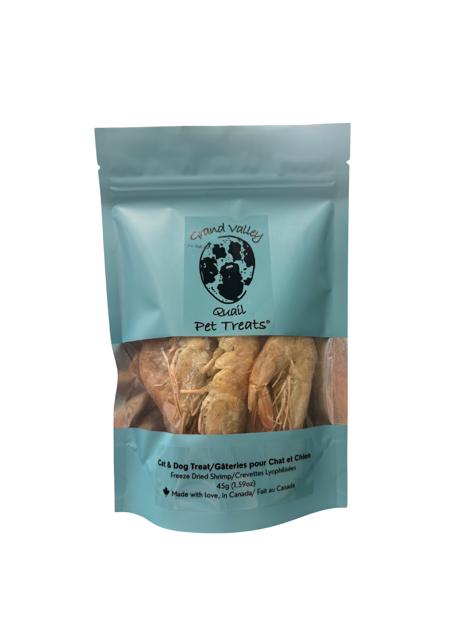 GVQ - Sac de crevette lyophilisée 45g. Bêtes Gourmandes, boutique spécialisée alimentation, éducation et sports pour chiens à Québec.