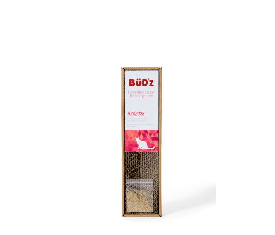BUD'Z - Grattoir en carton avec herbe à chat. Bêtes Gourmandes, boutique spécialisée alimentation, éducation et sports pour chiens à Québec.