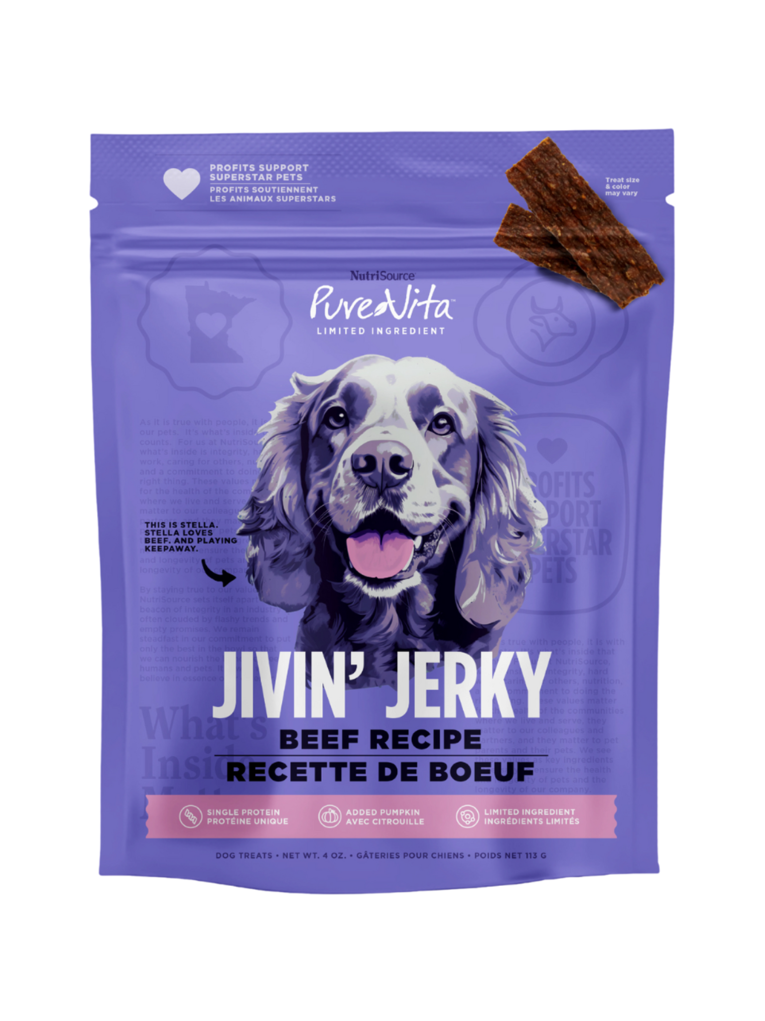 NUTRISOURCE - Jerky purevita boeuf. Bêtes Gourmandes, boutique spécialisée alimentation, éducation et sports pour chiens à Québec.