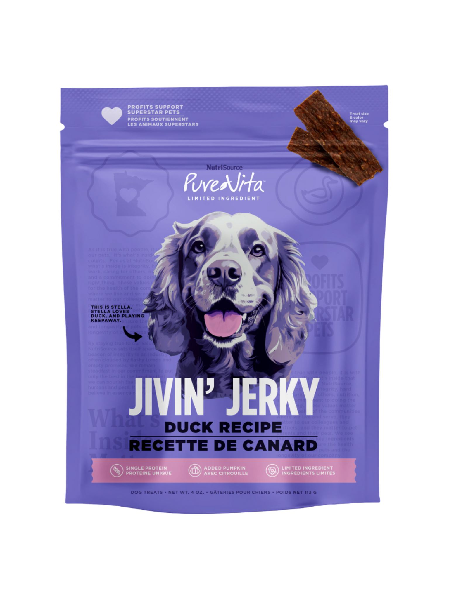 NUTRISOURCE - Jerky purevita canard. Bêtes Gourmandes, boutique spécialisée alimentation, éducation et sports pour chiens à Québec.