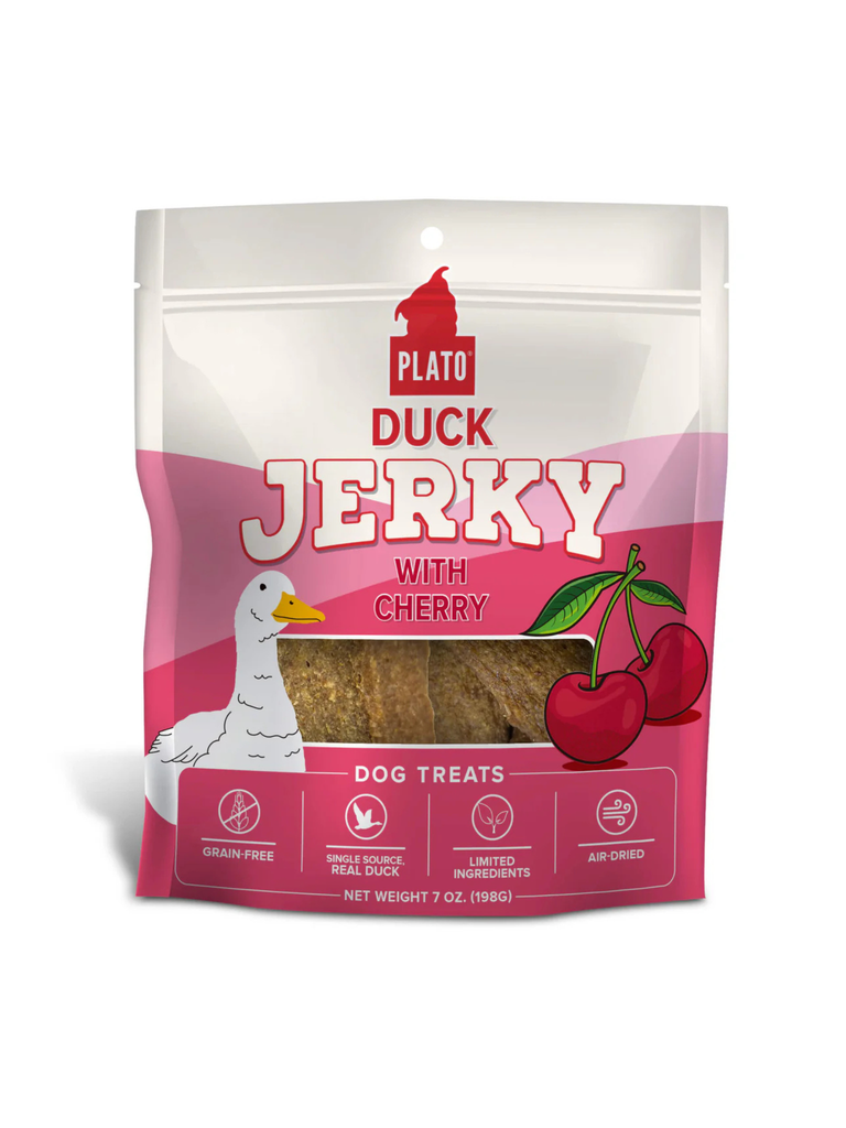 PLATO - Jerky canard & cerise. Bêtes Gourmandes, boutique spécialisée alimentation, éducation et sports pour chiens à Québec.