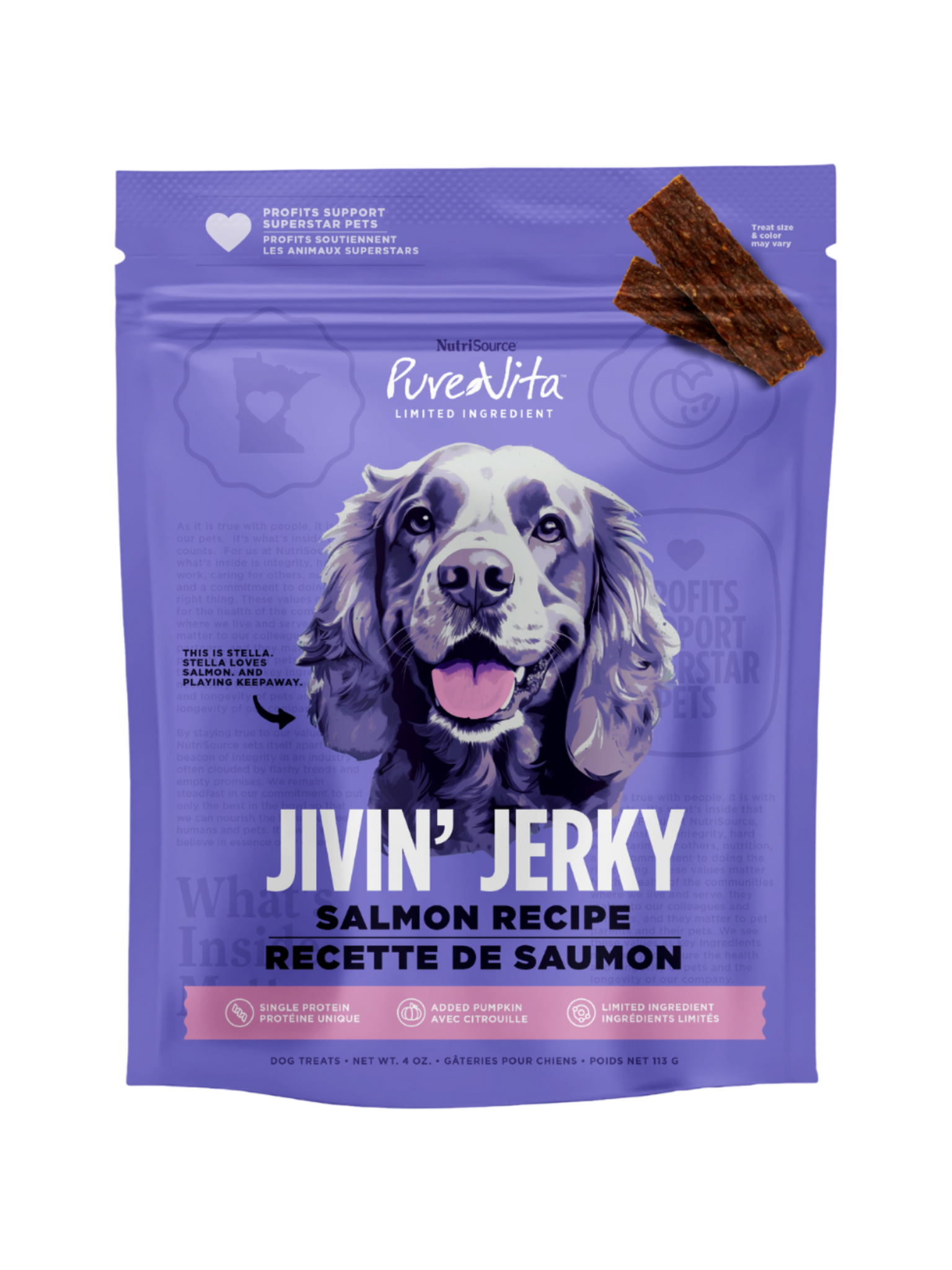 NUTRISOURCE - Jerky purevita saumon. Bêtes Gourmandes, boutique spécialisée alimentation, éducation et sports pour chiens à Québec.
