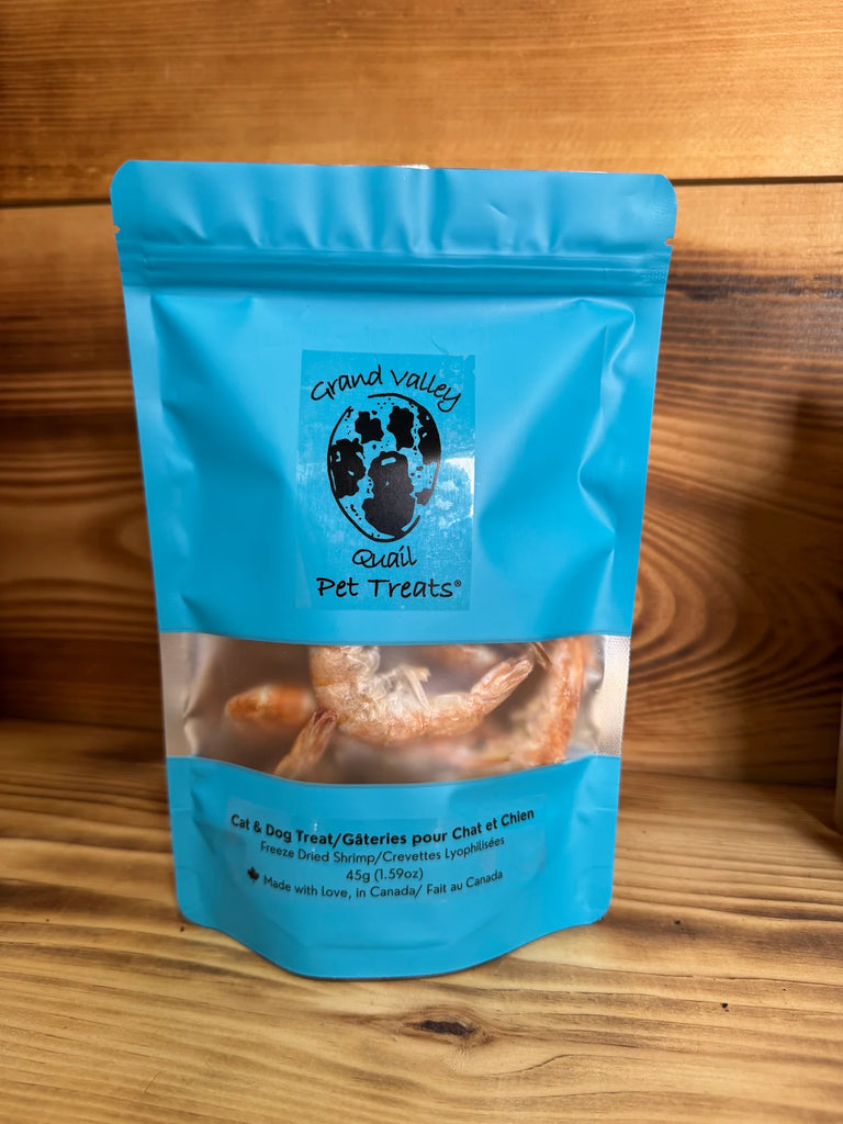 GVQ - Sac de crevette lyophilisée 45g. Bêtes Gourmandes, boutique spécialisée alimentation, éducation et sports pour chiens à Québec.