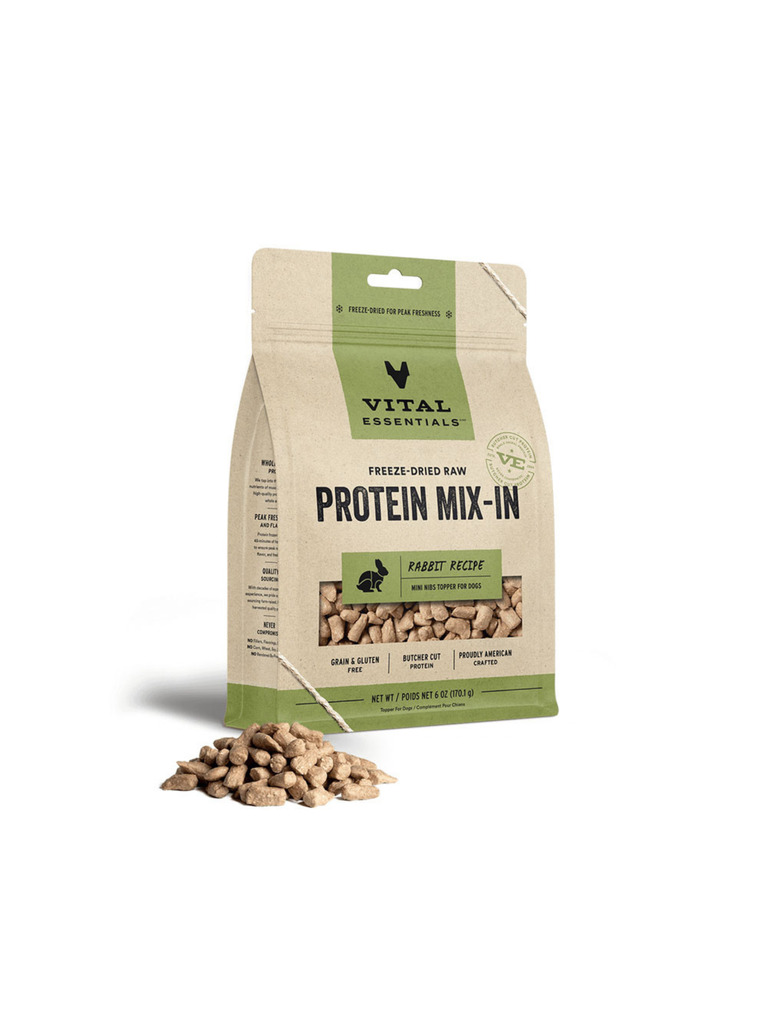 VE - Lapin lyophilisé MIX-IN 6oz. Bêtes Gourmandes, boutique spécialisée alimentation, éducation et sports pour chiens à Québec.