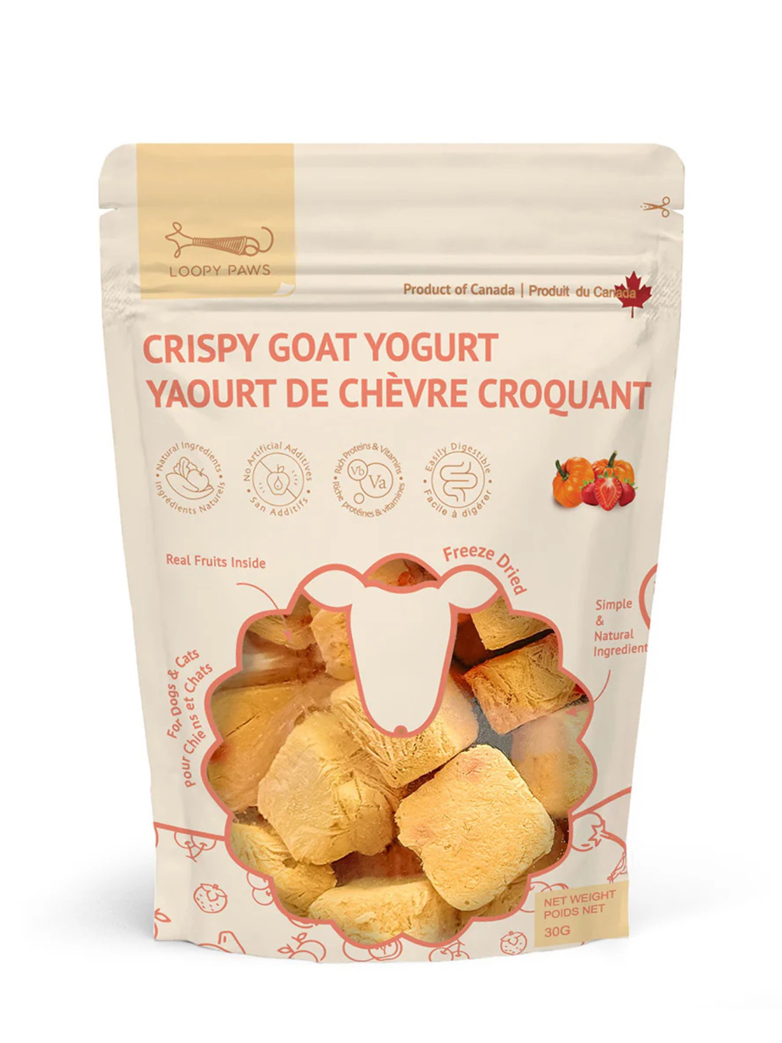 LOOPY PAWS - Gâteries croquante yaourt de chèvre, fraise & citrouille 30g
