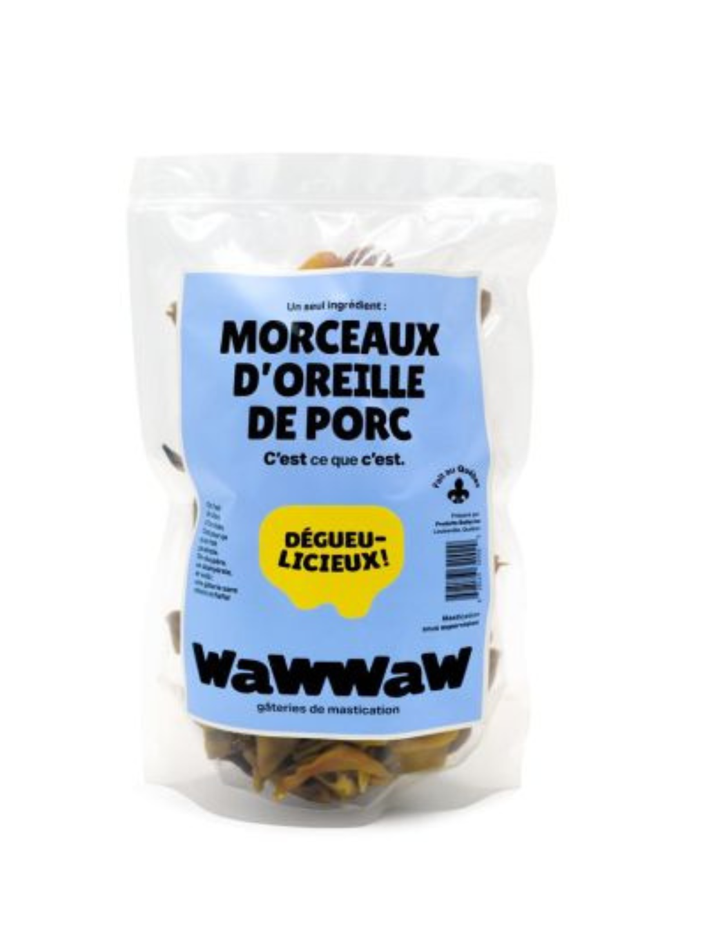 WAWWAW - Sac de morceaux d'oreille de porc 500g. Bêtes Gourmandes, boutique spécialisée alimentation, éducation et sports pour chiens à Québec.