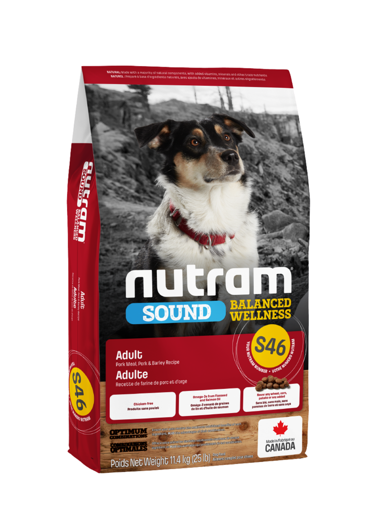 La nourriture naturelle Nutram S46 Sound Balanced Wellness pour chiens adultes est une préparation holistique, riche en nutriments et aux nombreux bienfaits, qui améliore le mieux-être de votre animal de compagnie par la nutrition. Bêtes Gourmandes spécialiste en nutrition chien et chat et comportement canin à Québec.