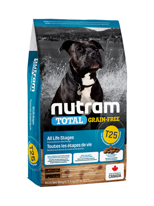 Nourriture pour chiens T25 Nutram Total Grain-Free Formul La nourriture naturelle pour chiens Nutram Total sans grains T25 (Nutram Total Grain-Free®) au saumon et à la truite est une préparation holistique, riche en nutriments et aux nombreux bienfaits, qui améliore le mieux-être de votre animal de compagnie par la nutrition. Notre approche holistique repose sur l’utilisation d’ingrédients sains dont le nom est facile à prononcer, tel qu’un mélange à faible indice glycémique de pois verts, de lentilles et d