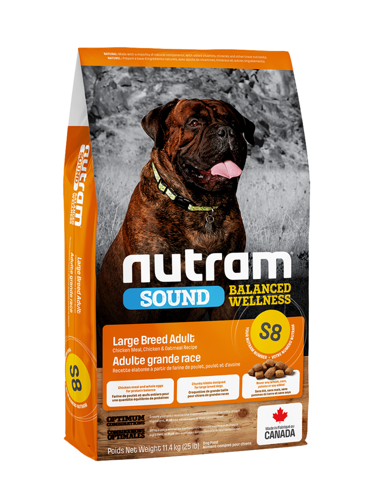 (S8) Nutram - Équilibré Poulet Avoine Chien Grande Race 11.4 Kg. Bêtes Gourmandes, spécialiste en nourriture et produits pour chien et chat en ligne et en magasin à Québec.