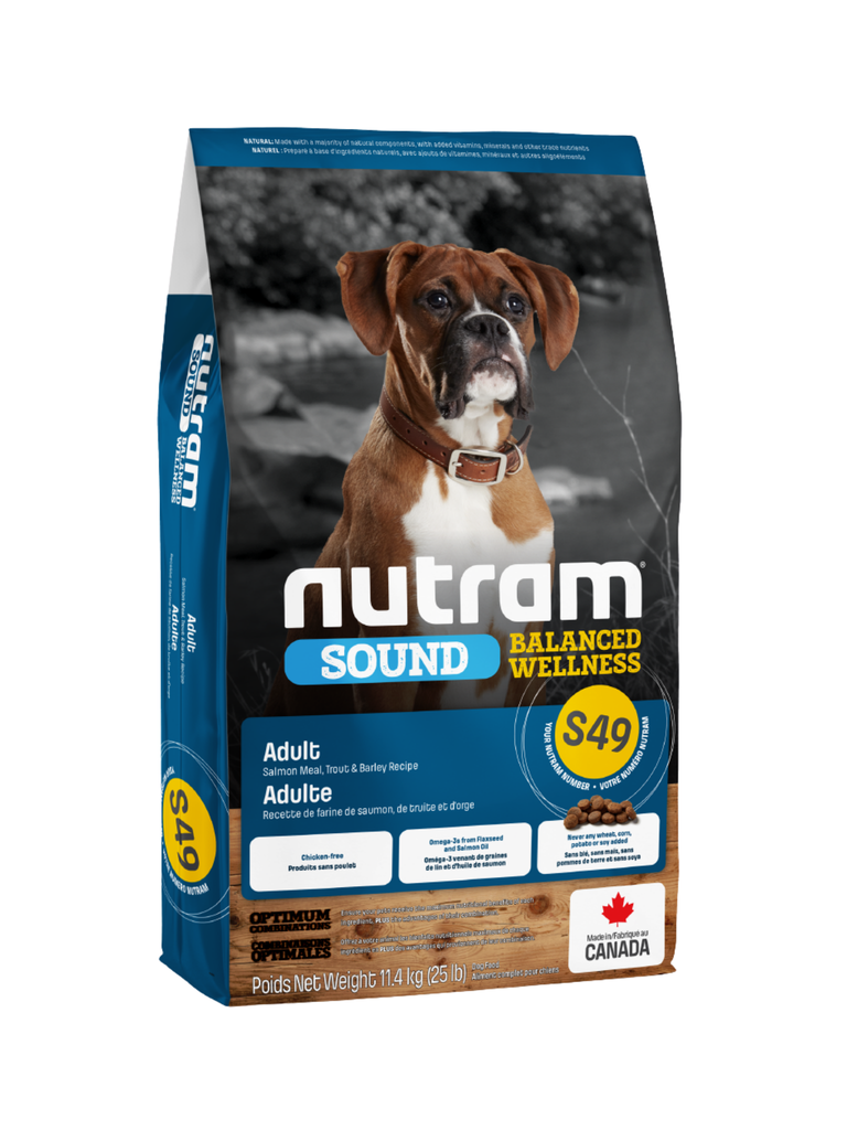 La nourriture naturelle Nutram S49 Sound Balanced Wellness pour chiens adultes est une préparation holistique, riche en nutriments et aux nombreux bienfaits, qui améliore le mieux-être de votre animal de compagnie par la nutrition. Bêtes Gourmandes spécialiste en nutrition chien et chat et comportement canin à Québec.