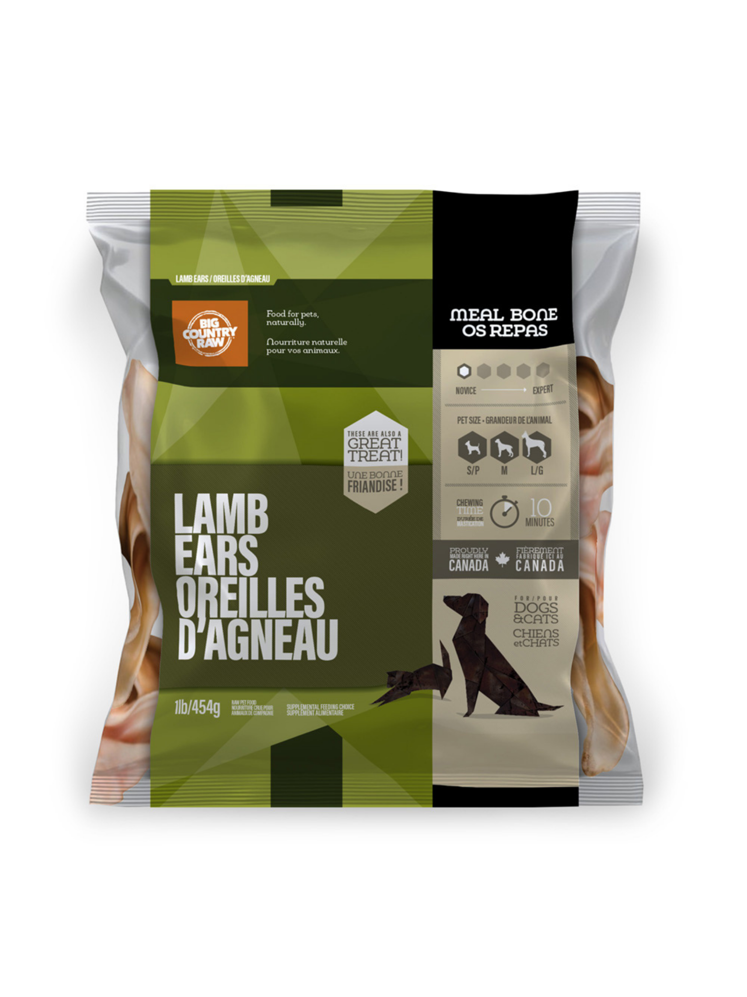 BIG COUNTRY RAW - Oreilles d'agneau 1 lb. Bêtes Gourmandes, boutique spécialisée alimentation, éducation et sports pour chiens à Québec.