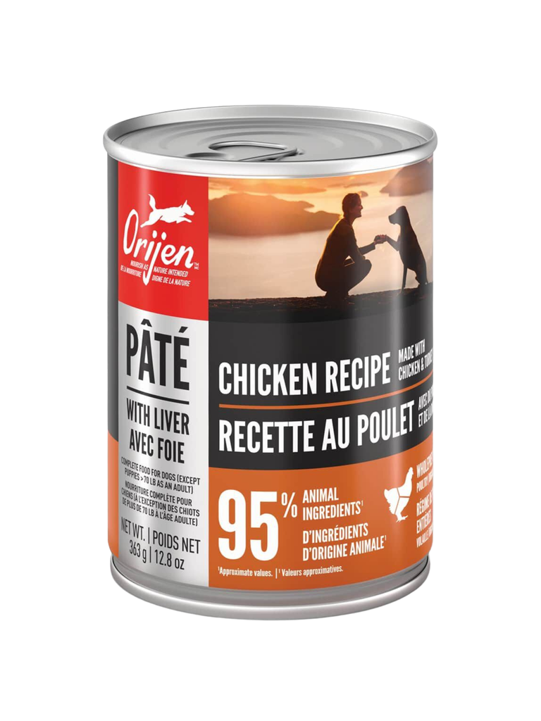 ORIJEN - Pâté poulet avec foie 363g. Bêtes Gourmandes, boutique spécialisée alimentation, éducation et sports pour chiens à Québec.