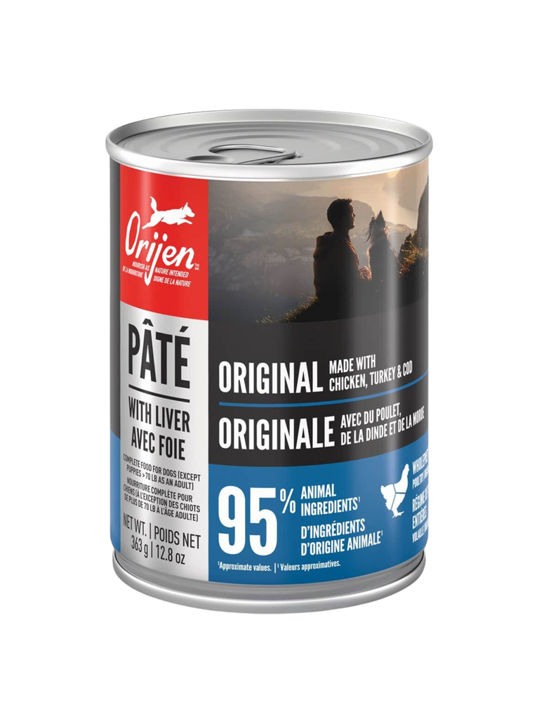 ORIJEN - Pâté original avec foie 363g. Bêtes Gourmandes, boutique spécialisée alimentation, éducation et sports pour chiens à Québec.