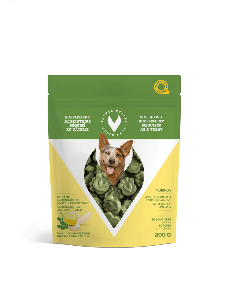 PATTES VERTES - Bouchée fonctionnelles pour chien oméga-3. Bêtes Gourmandes, boutique spécialisée alimentation, éducation et sports pour chiens à Québec.