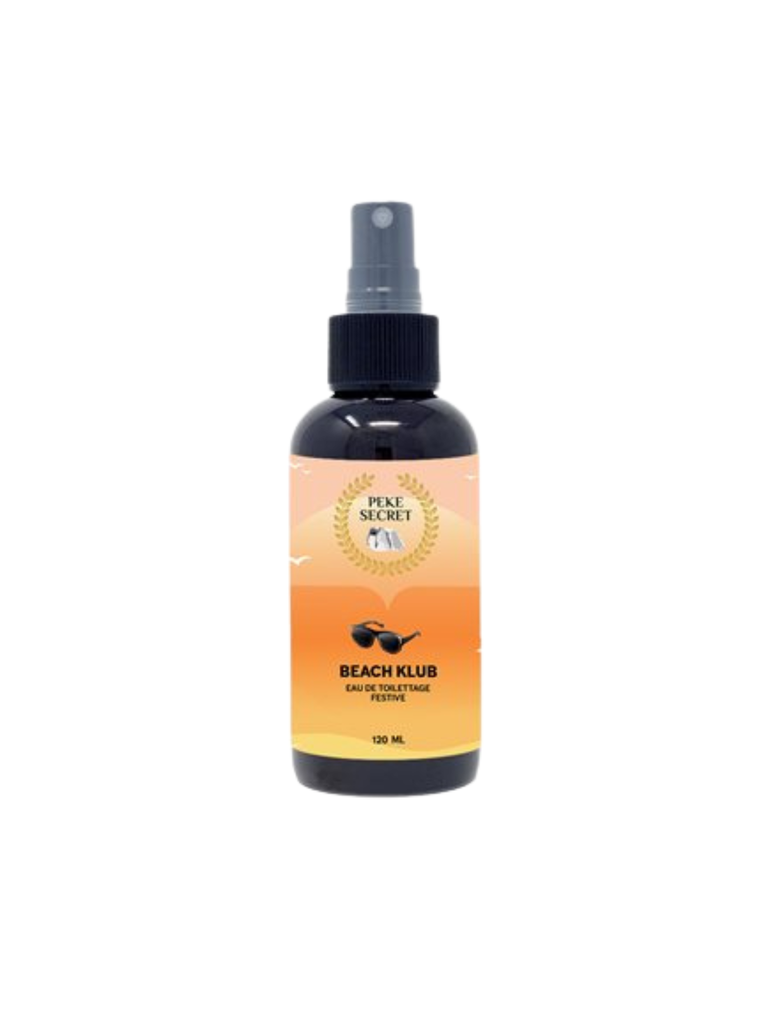 PEKE SECRET - Eau de toilettage BEACH KLUB 120ml. Bêtes Gourmandes, boutique spécialisée alimentation, éducation et sports pour chiens à Québec.