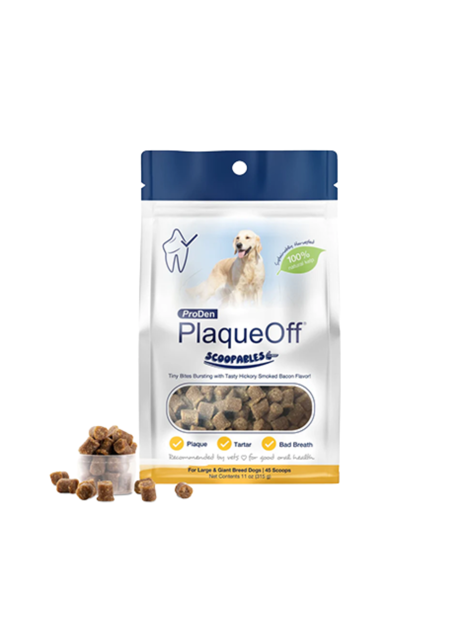 ProDen PlaqueOff® Scoopables avec AN ProDen™ qui a été démontré dans des essais cliniques pour aider à réduire la plaque dentaire et le tartre et à améliorer la mauvaise haleine. Les résultats sont généralement visibles entre 3 et 8 semaines, avec une utilisation continue. Maintenant disponible en savoureux, en bouchées, Scoopables qui les chiens et les chats adorent ! Approvisionnement de 45 jours pour les grands chiens