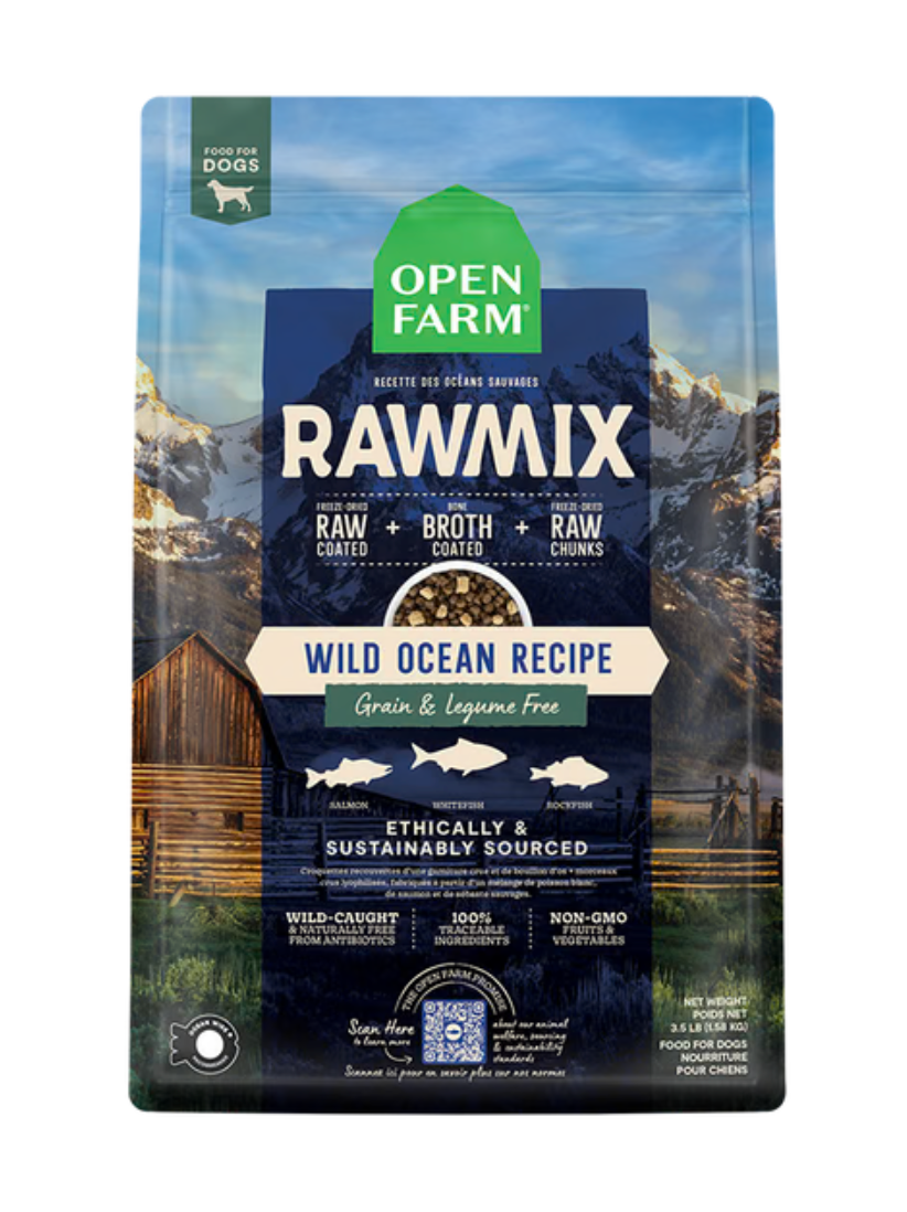 OPEN FARM - Recette rawmix poissons sans grains. Bêtes Gourmandes spécialiste en nutrition pour chien et chat et comportement canin à Québec.