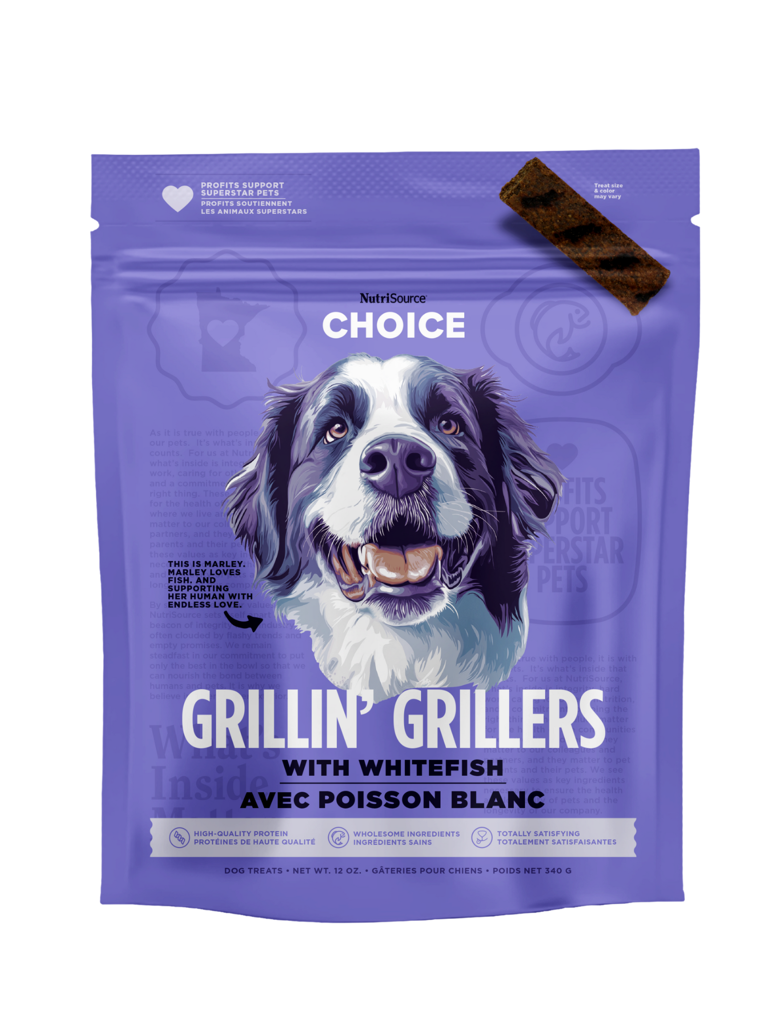 NUTRISOURCE - Grillin' Grillers lanière tendre pour chien au poisson blanc. Bêtes Gourmandes, boutique spécialisée alimentation, éducation et sports pour chiens à Québec.