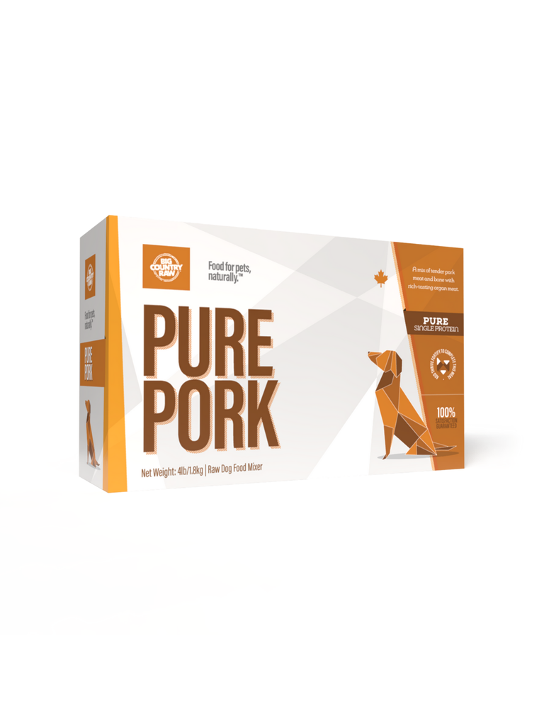 Big Country Raw Pure porc 4lbs. Bêtes Gourmandes, boutique spécialisée alimentation, éducation et sports pour chiens à Québec.