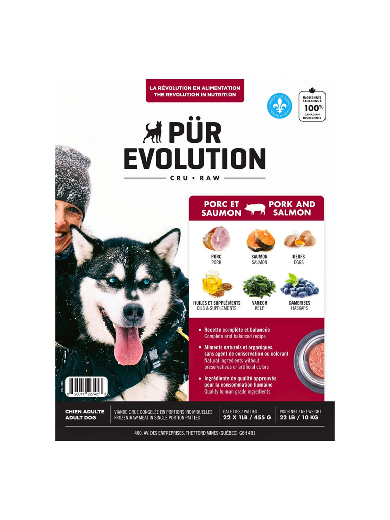 PÜR ÉVOLUTION - Recette porc et saumon tout stade de vie. Bêtes Gourmandes, spécialiste en nourriture et produits pour chien et chat en ligne et en magasin à Québec.