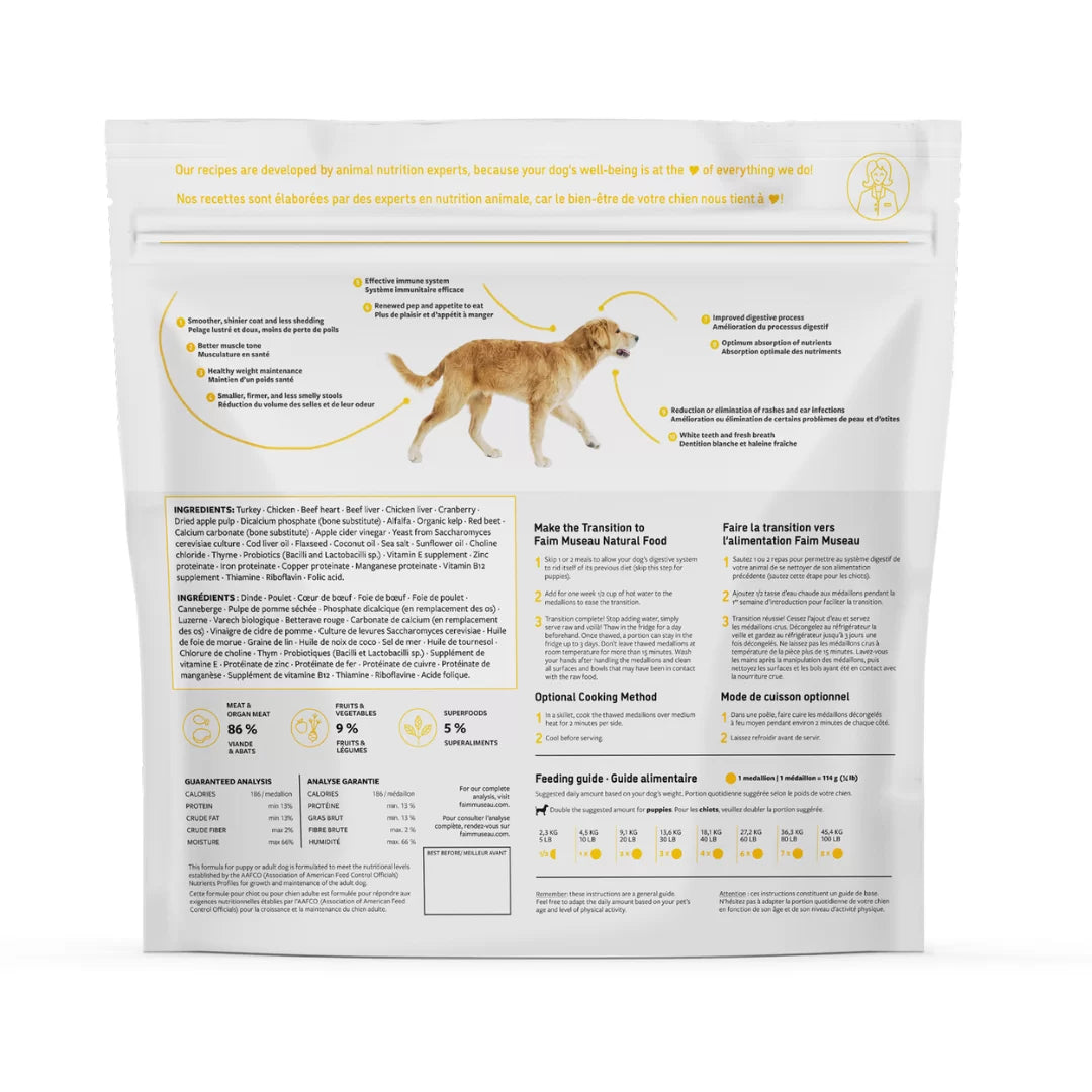 FAIM MUSEAU - Poulet & dinde chien (recette à cuire). Bêtes Gourmandes, boutique spécialisée en alimentation, éducation et sports attelés à Québec.