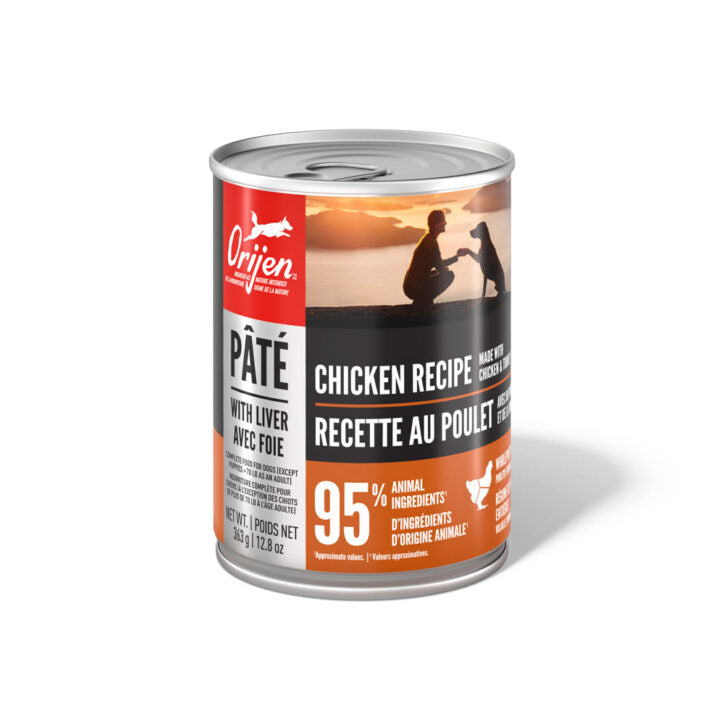 ORIJEN - Pâté poulet avec foie 363g. Bêtes Gourmandes, boutique spécialisée alimentation, éducation et sports pour chiens à Québec.