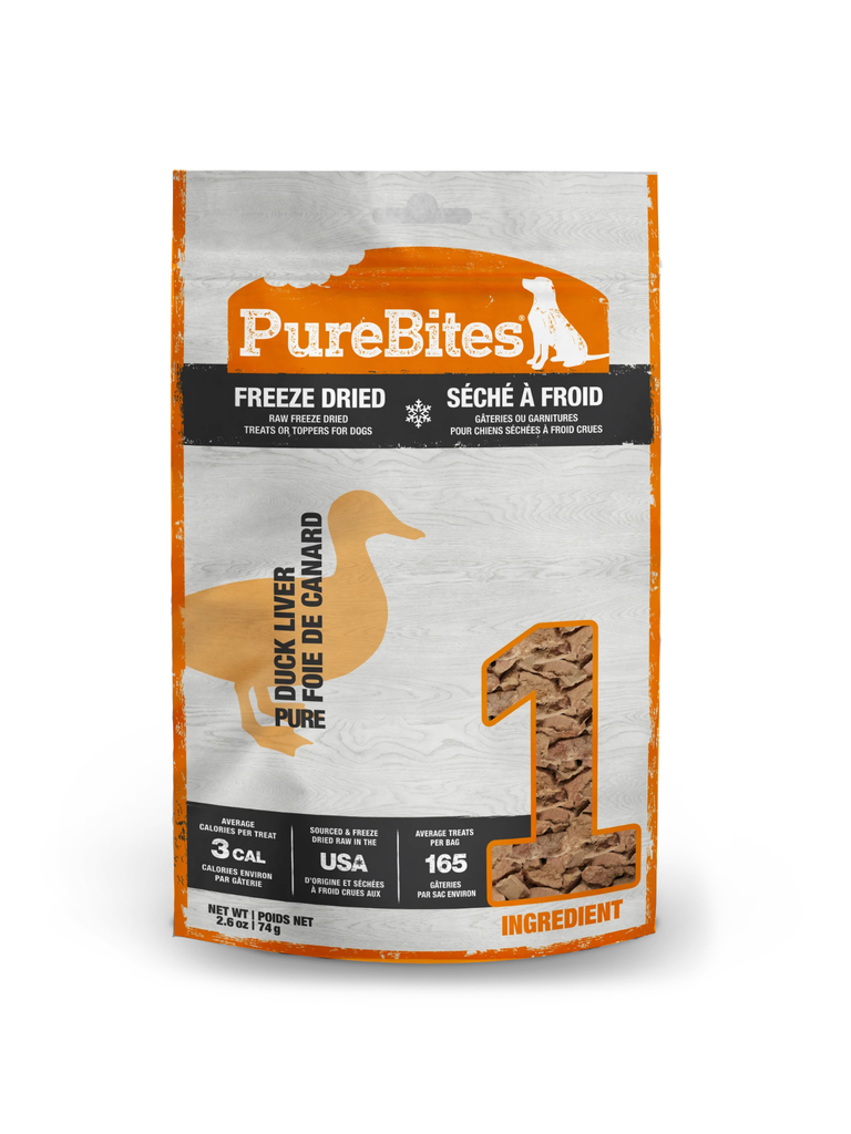 PUREBITES - Foie de canard lyophilisé 74g. Bêtes Gourmandes, boutique spécialisée alimentation, éducation et sports pour chiens à Québec.