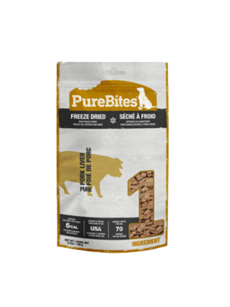 PUREBITES - Foie de porc lyophilisée 3.5oz. Bêtes Gourmandes, boutique spécialisée alimentation, éducation et sports pour chiens à Québec.