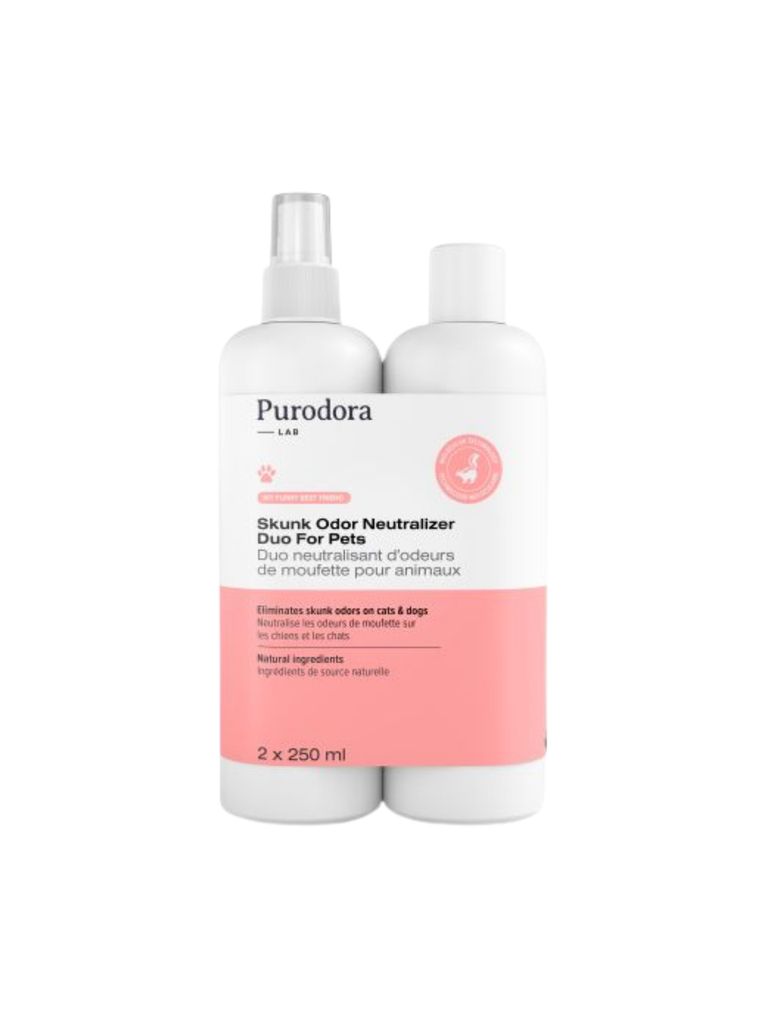 Purodora Lab - Shampoing Et Neutralisant D'Odeurs De Moufette 2X 250Ml. Bêtes Gourmandes, spécialiste en nourriture et produits pour chien et chat en ligne et en magasin à Québec.