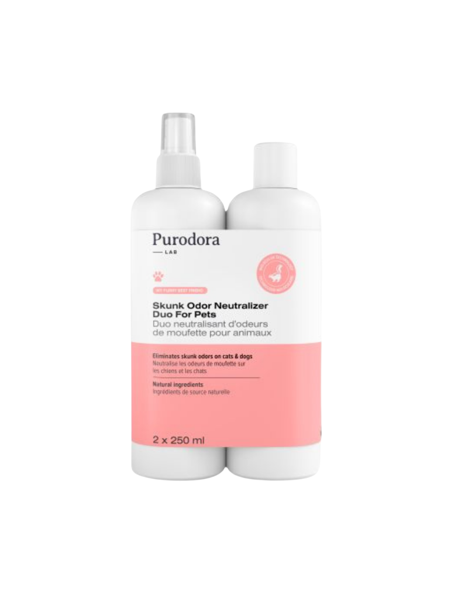 Purodora Lab - Shampoing Et Neutralisant D'Odeurs De Moufette 2X 250Ml. Bêtes Gourmandes, spécialiste en nourriture et produits pour chien et chat en ligne et en magasin à Québec.