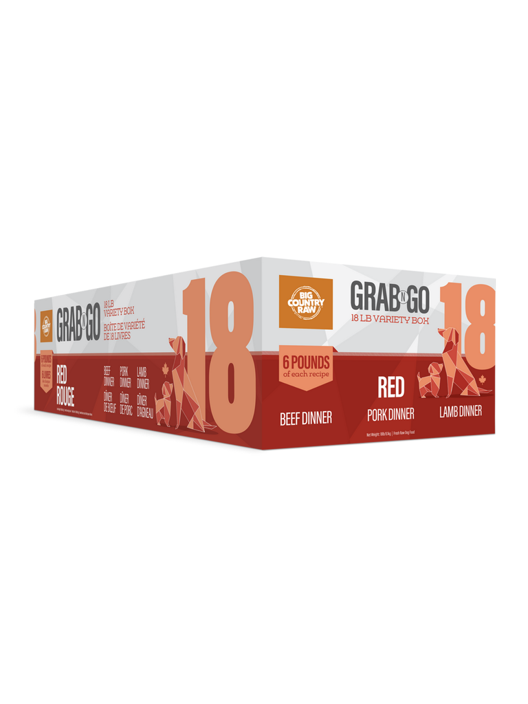 BIG COUNTRY RAW - Grab N Go viande rouge 18 lbs. Bêtes Gourmandes, boutique spécialisée alimentation, éducation et sports pour chiens à Québec.