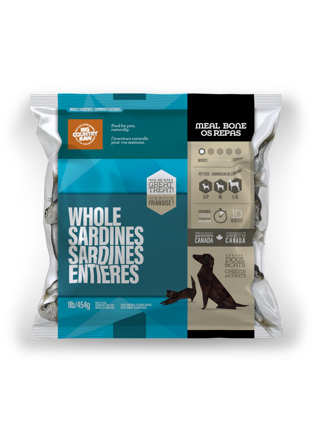BIG COUNTRY RAW - Sardine entière 1 lbs. Bêtes Gourmandes, boutique spécialisée alimentation, éducation et sports pour chiens à Québec.