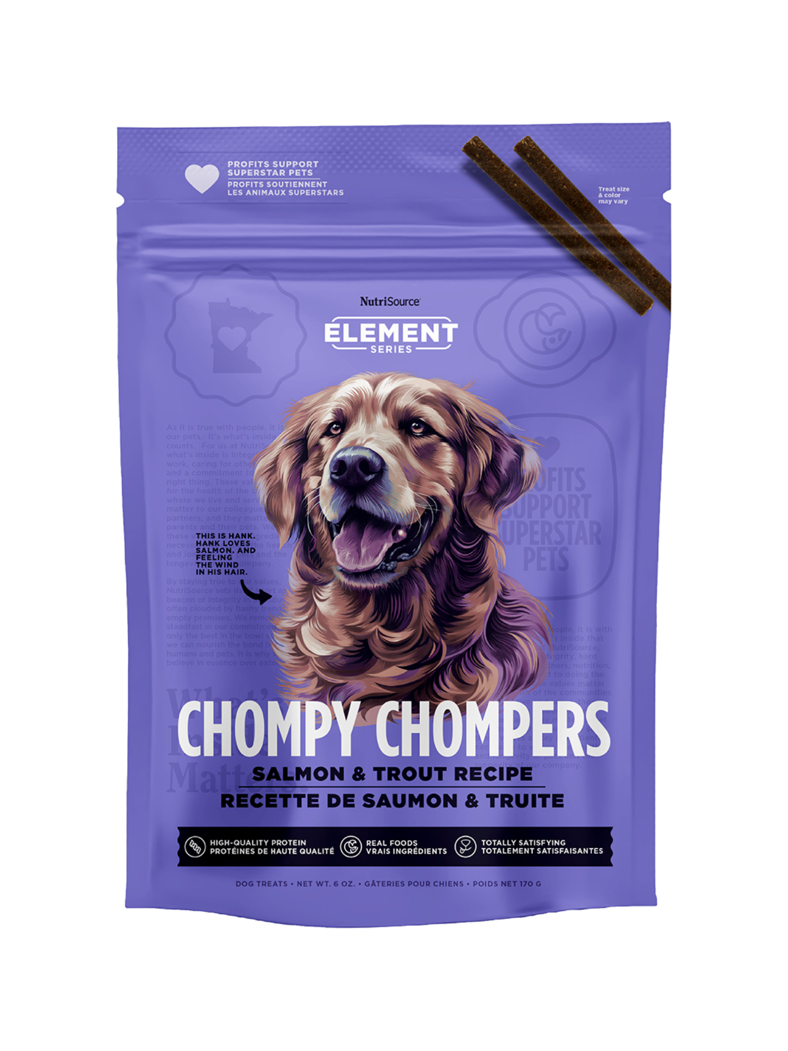 NUTRISOURCE - Chompy chompers saumon & truite 6oz. Bêtes Gourmandes, boutique spécialisée alimentation, éducation et sports pour chiens à Québec.