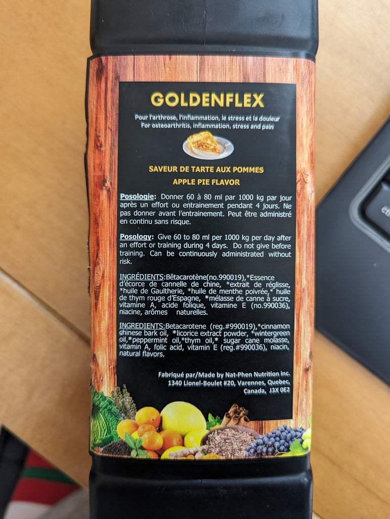 Le GoldenFlex premium est un sérum anti-inflammatoire. Bêtes Gourmandes, boutique spécialisée en alimentation, éducation et sports attelés à Québec.