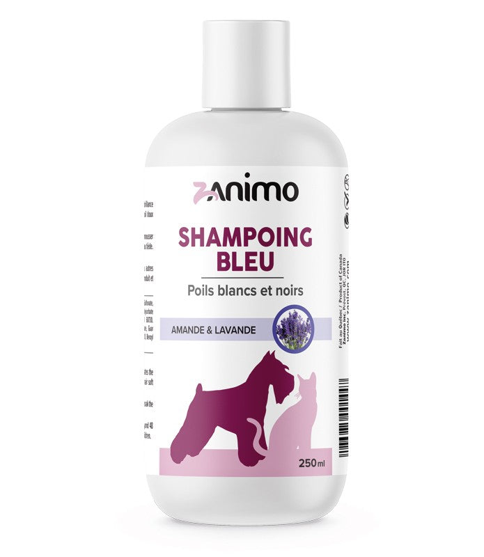 SHAMPOING BLEU poils blancs et noirs. Bêtes Gourmandes, boutique spécialisée alimentation, éducation et sports pour chiens à Québec.