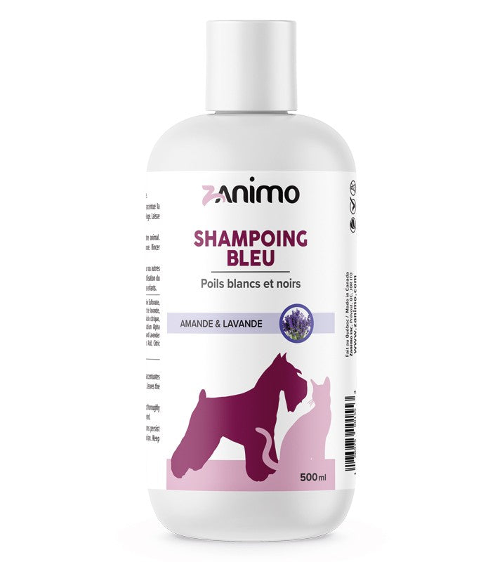 SHAMPOING BLEU poils blancs et noirs. Bêtes Gourmandes, boutique spécialisée alimentation, éducation et sports pour chiens à Québec.