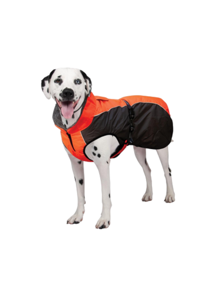 Manteau pour chien à couverture complète conçu pour la fonctionnalité et les climats froids. Imperméable avec une doublure en polaire confortable pour plus de chaleur, ce manteau est doté d'une bande ventrale en forme de Y couvrant toute la poitrine pour une protection supplémentaire de la poitrine et du ventre.