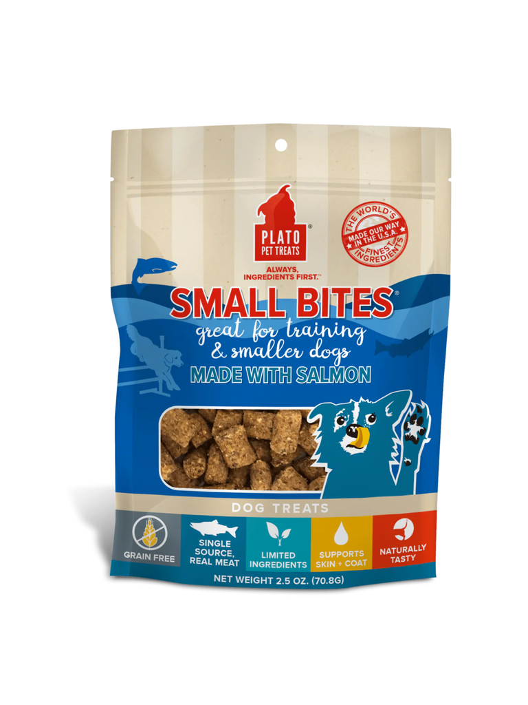 PLATO - Petite bouchée d'entrainement au saumon 6oz. Bêtes Gourmandes, boutique spécialisée alimentation, éducation et sports pour chiens à Québec.