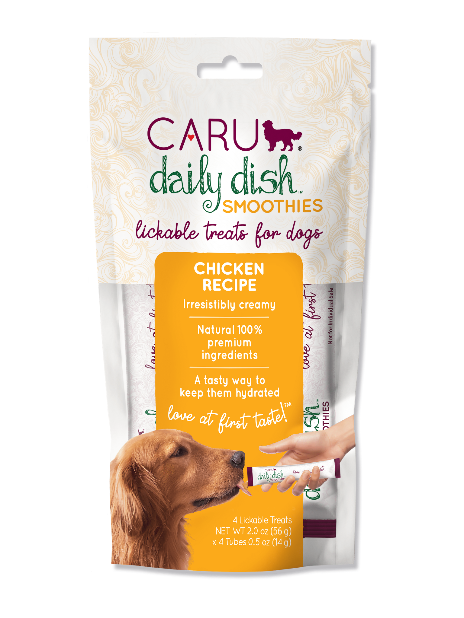 CARU - Gâterie smoothie en tube pour chien au poulet (4x 2 oz). Bêtes Gourmandes, boutique spécialisée alimentation, éducation et sports pour chiens à Québec.