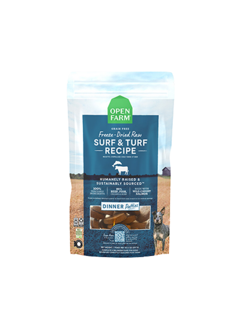OPEN FARM - Galette lyophilisées terre et mer 13.5 oz. Bêtes Gourmandes spécialiste en nutrition pour chien et chat et comportement canin à Québec.