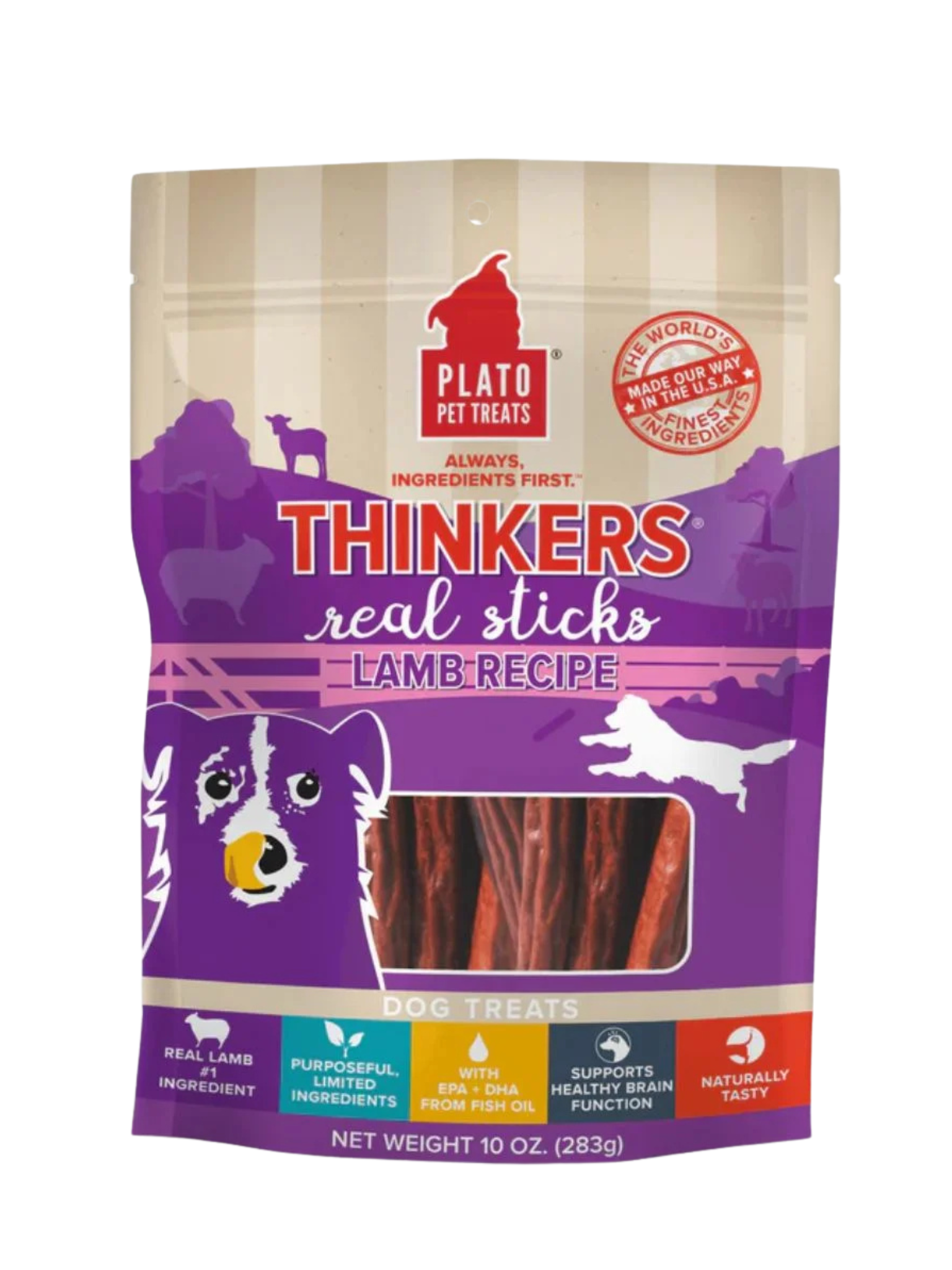 PLATO - Thinker bâtonnet à l'agneau 10oz. Bêtes Gourmandes, boutique spécialisée alimentation, éducation et sports pour chiens à Québec.