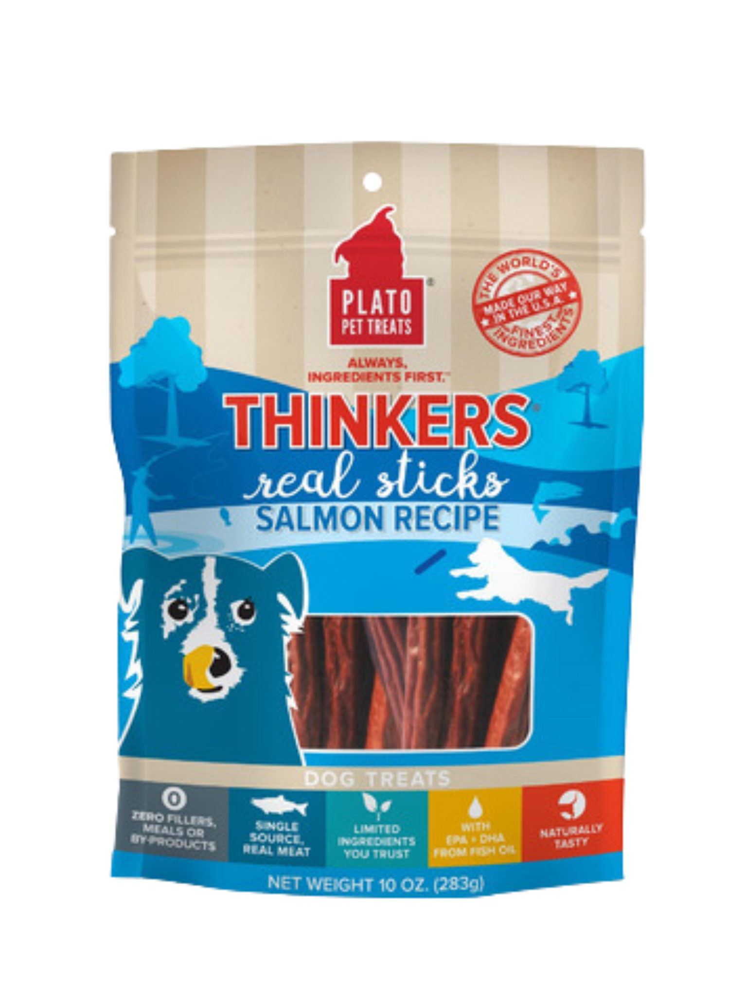 PLATO - Thinker bâtonnet au saumon 10oz. Bêtes Gourmandes, boutique spécialisée alimentation, éducation et sports pour chiens à Québec.