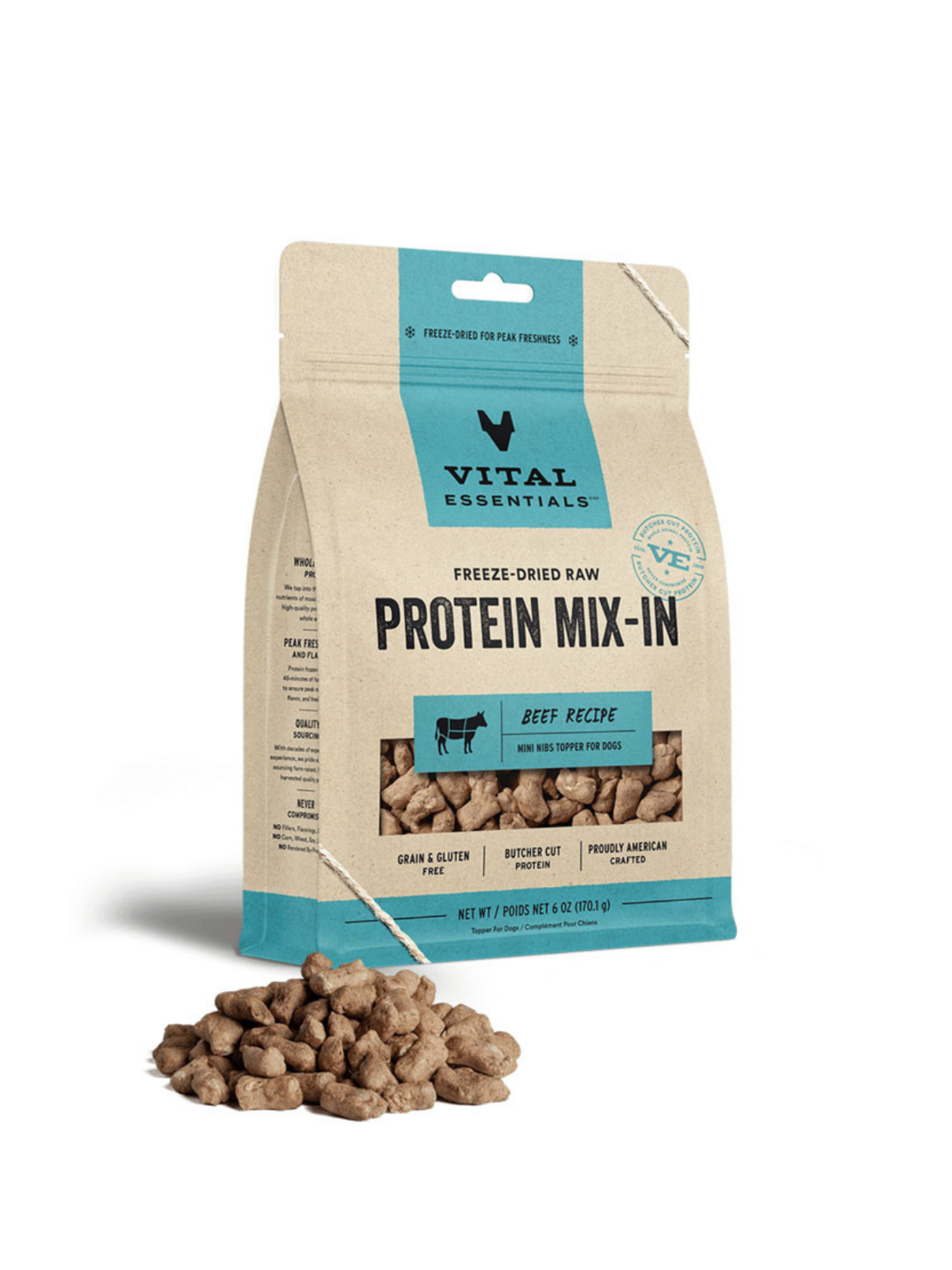 VE - Boeuf lyophilisé MIX-IN 6oz. Bêtes Gourmandes, boutique spécialisée alimentation, éducation et sports pour chiens à Québec.
