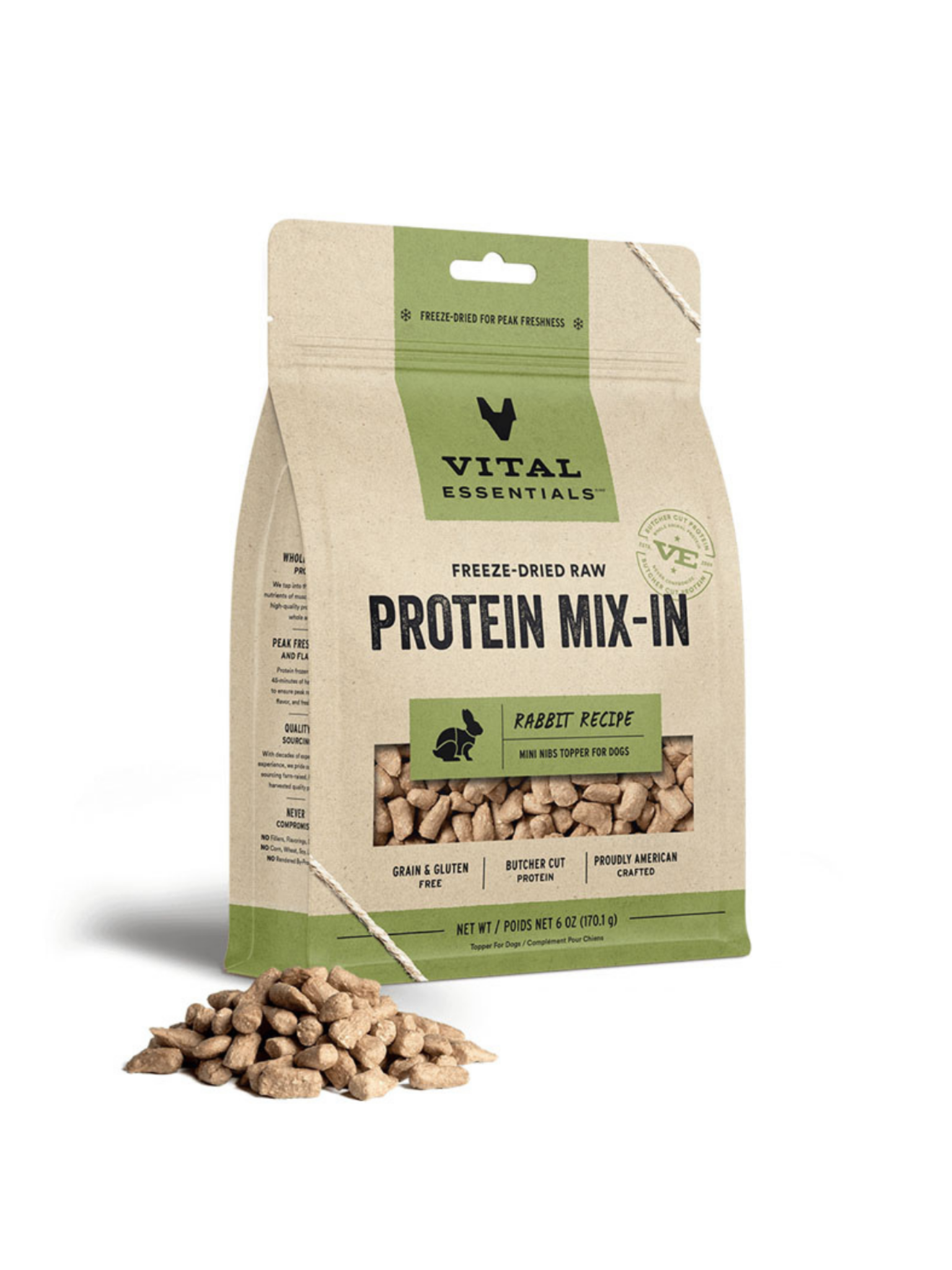 VE - Lapin lyophilisé MIX-IN 6oz. Bêtes Gourmandes, boutique spécialisée alimentation, éducation et sports pour chiens à Québec.